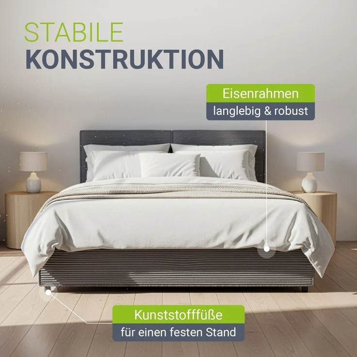 Juskys Polsterbett Salerno 140 x 200 cm – Cord Grau, modernes Bett mit Kopf- & Fußteil, stabilem Holz- & Metallrahmen, Lattenrost, 500 kg Tragkraft – Bild 6