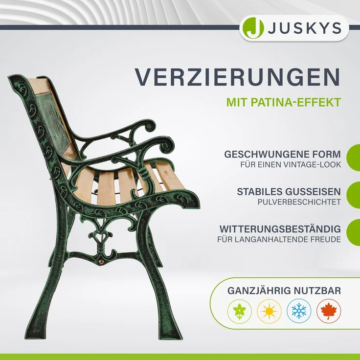 Juskys Gartenbank Pisa – 2-Sitzer Holzbank mit Armlehnen & Rückenlehne – wetterfeste Sitzbank 122x54x73 cm - Seitenelemente aus Gusseisen – Bild 5
