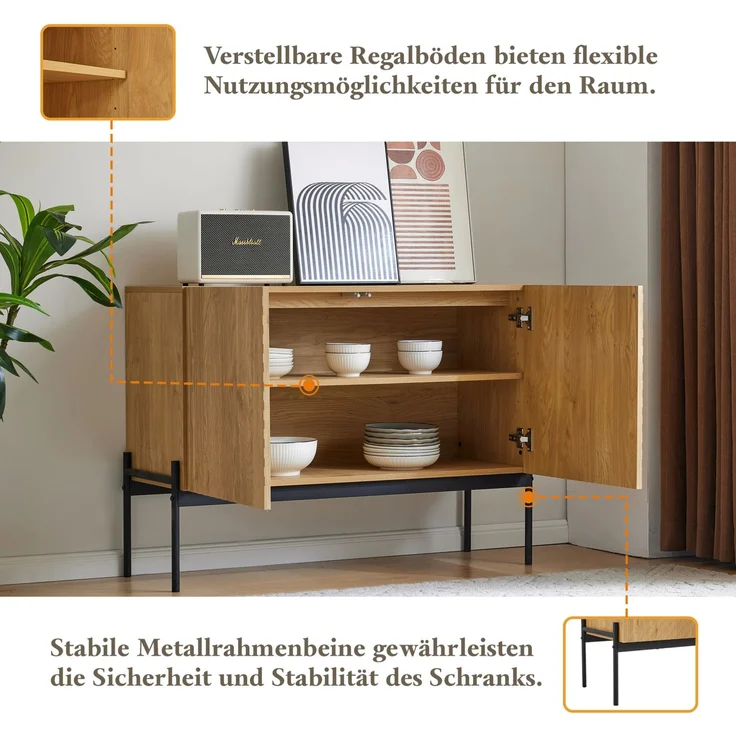 DESVIAE Sideboard mit verstellbarem Einlegeboden, 100x75x40 cm, Spanplatte und Metallrahmen, Natur – Bild 6
