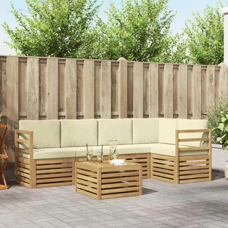 vidaXL Outdoor-Sofagarnitur 6 stk. 5-Sitzer Weiß und Creme Polyester 3391855