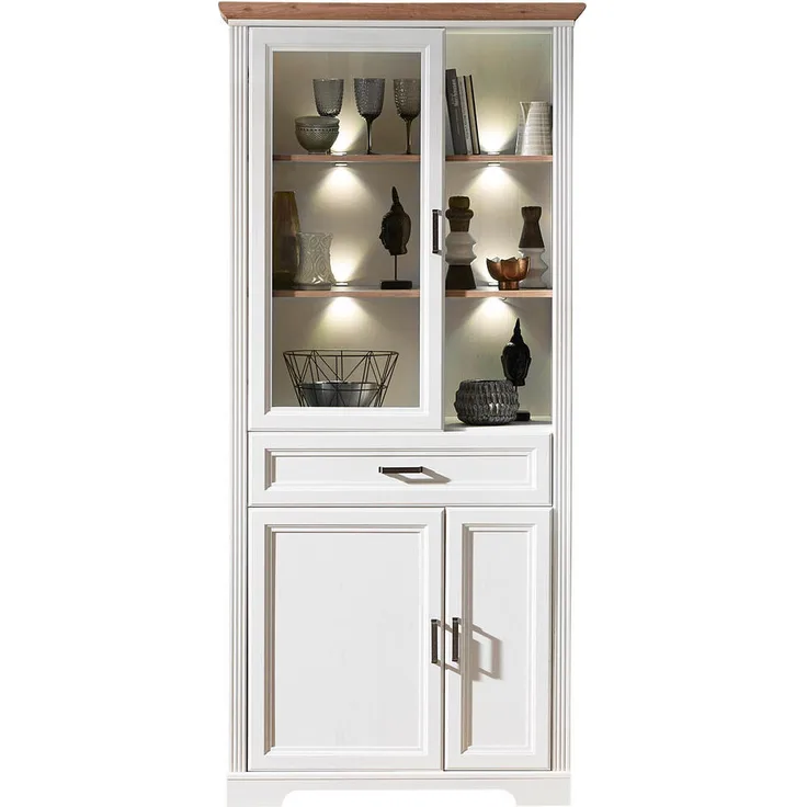 Livetastic Vitrine, Weiß, Eiche, Holzwerkstoff, 6 Fächer, 1 Schublade, 93x204x42 cm, Landhaus-Stil mit LED-Beleuchtung und Soft-Close-System