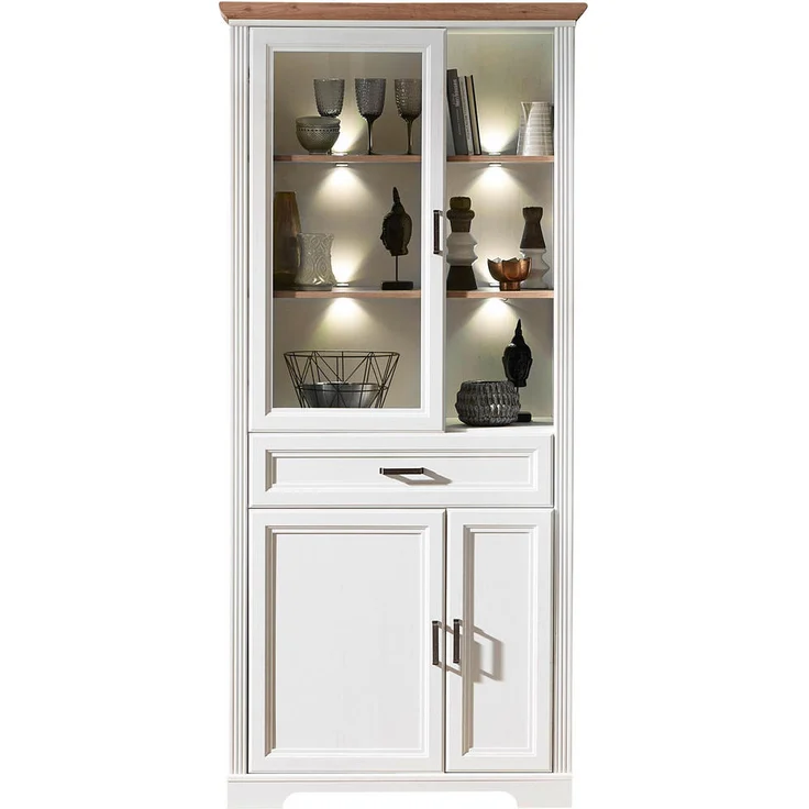 Livetastic Vitrine, Weiß, Eiche, Holzwerkstoff, 6 Fächer, 1 Schublade, 93x204x42 cm, Landhaus-Stil mit LED-Beleuchtung und Soft-Close-System
