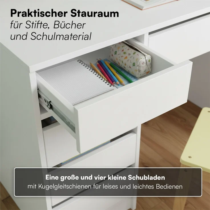 Bellabino 'Nore' Kinderschreibtisch mit 5 Schubladen, beidseitig montierbar, weiß, 75x53x110 cm, Jugendschreibtisch mit Stauraum – Bild 3