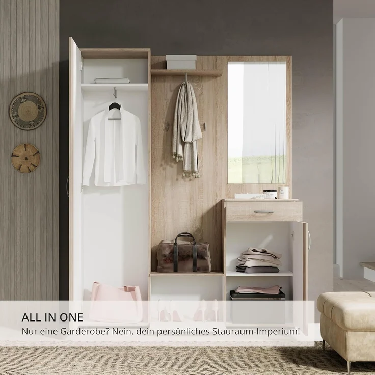 Garderobe PATENT Spiegel Sonoma Eiche und weiß 3-teilig – Bild 10
