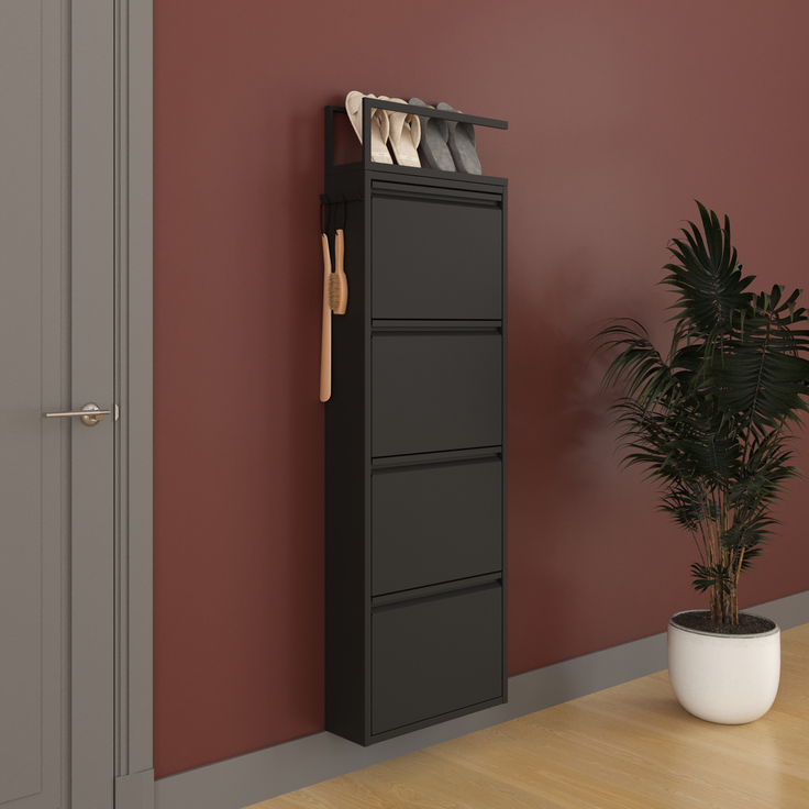 Schuhkipper mit Zubehör, Schwarz, 4 Klappen 52x15x151 cm, Pantoffelregal, Hakenleiste – Bild 4