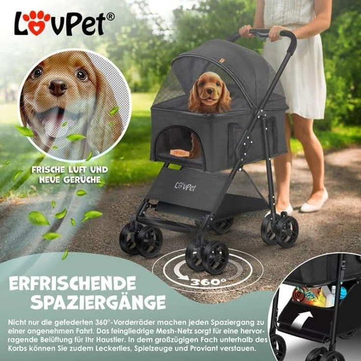 LOVPET® Hundewagen 2in1, Hundebox, Transporttasche, Faltbar, klappbar bis 20kg, mit Netzfenstern, Getränkehalter, Regenschutzabdeckung & Kuscheldecke, Anthrazit, 99,5 x 65 x 50,5 cm – Bild 7