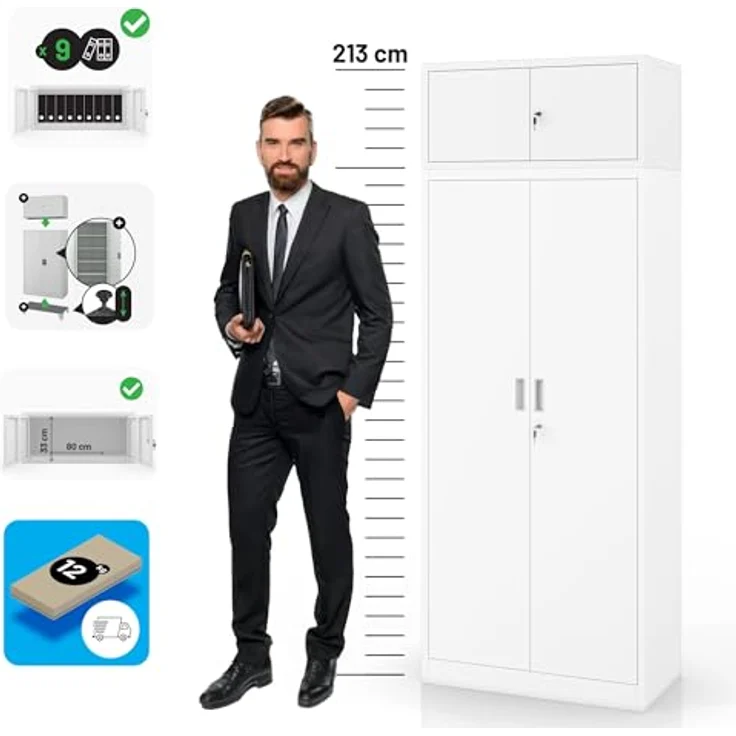 Jan Nowak Aktenschrankaufsatz C01L Aufsatz für Aktenschrank Büroschrank Metall Pulverbeschichtung Flügeltüren 38 x 80 x 40 cm (Weiß) – Bild 8