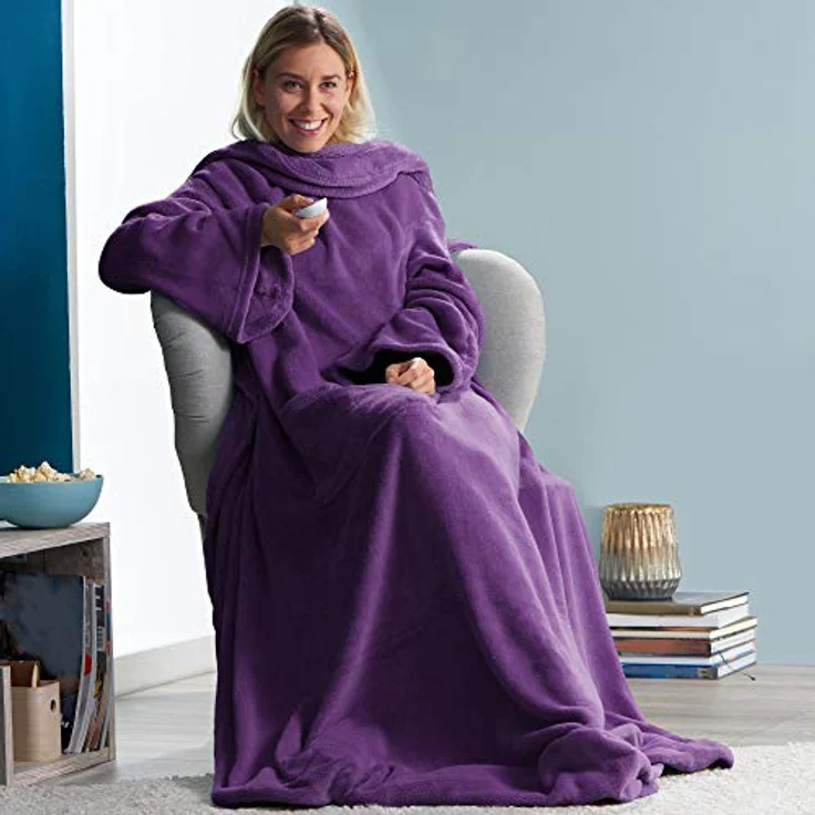 CelinaTex TV-Decke mit Ärmeln und Fußtasche Flauschige Kuscheldecke 150x180 cm lila Mikrofaser Fleece Soft Oeko-TEX – Bild 7