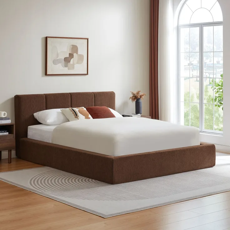 LVHOM Polsterbett 140 x 200cm, Doppelbett mit gepolstertem Kopfteil, Bettgestell mit verstärktem Stahlrahmen, Chenille, Braun