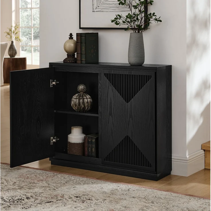 DESVIAE Sideboard Schwarz aus Massivholz/MDF – 109,22x54,94x17,78 cm – V-Rillen, Kabelöffnungen – Bild 3