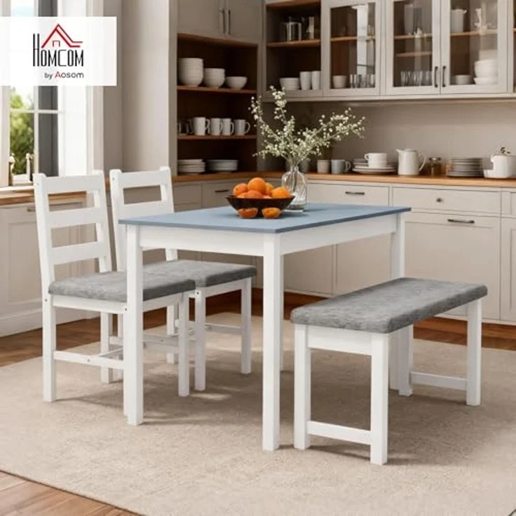 HOMCOM Essgruppe Esstisch mit 2 Gepolsterten Stühlen, Bank, (Esszimmergruppe, 4-tlg, Esstisch-Set), für Küche, Esszimmer, Kiefernholz, Grau+Weiß – Bild 2