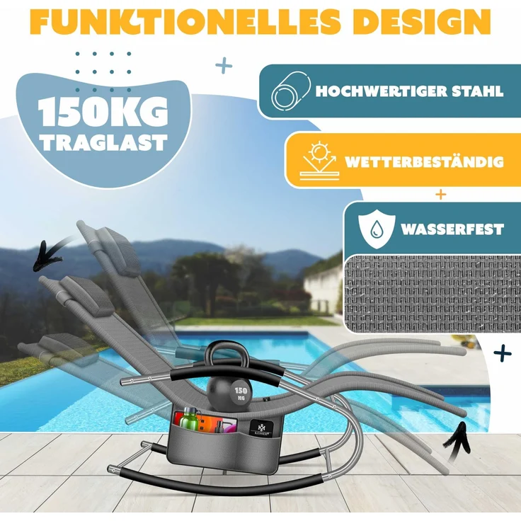 KESSER® Sonnenliege Relaxliege Schwungliege | Gartenliege | Gartenstuhl | Klappstuhl faltbar | Liegestuhl | Schaukelsessel | ergonomische Relaxsessel | wetterfest | 150 kg Belastung | Grau – Bild 4