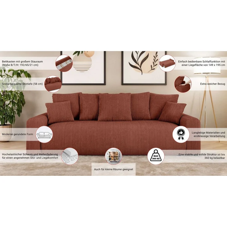 Home affaire Big-Sofa LAKESIDE klein 3-Sitzer Schlafsofa mit Bettkasten, Breite 238 cm, Liegefläche 149x195 cm, hoher Sitzkomfort, Maße B/T/H: 238/98/85cm – Bild 2