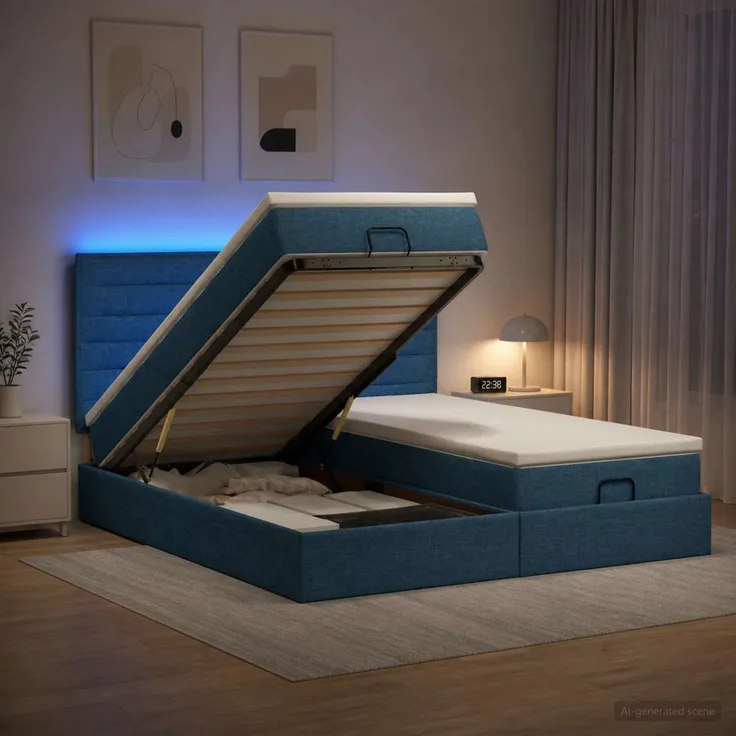 vidaXL Ottoman-Bett mit Matratze und LED Blau 180 x 200 cm Stoff 3458422