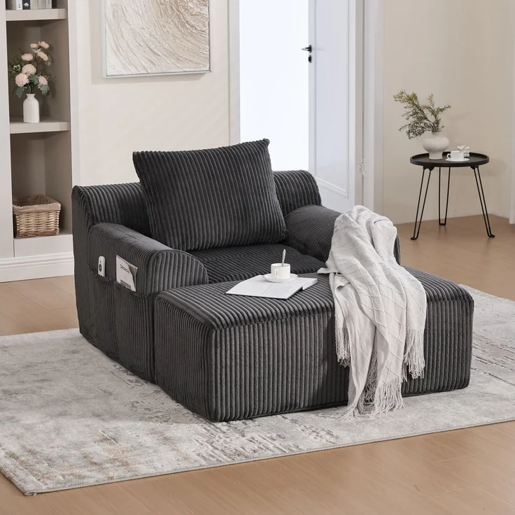 Sessel 147x110x67 cm Kordsamt Dunkelgrau mit Fußpedal und Seitentaschen, übergroßer gepolsterter Lesesessel – Bild 3