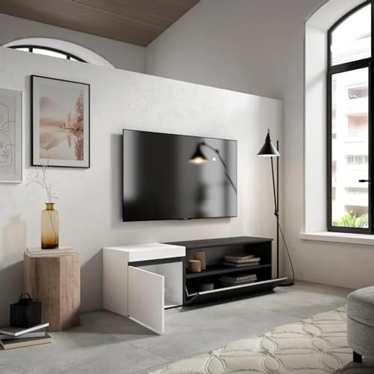Skraut Home | TV-Schrank, Lowboard | für Wohnzimmer und Esszimmer | 150x45x35cm | Für TV-Geräte bis zu 65" | Fernsehtisch | Moderner Stil | Weiß und Schwarz – Bild 4