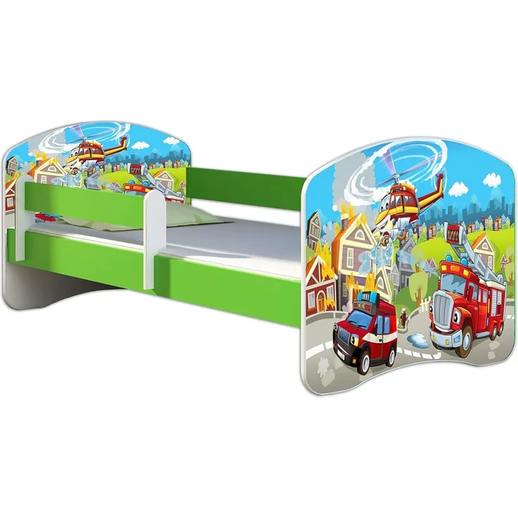 ACMA Kinderbett Jugendbett mit Einer Schublade und Matratze Grün mit Rausfallschutz Lattenrost II 140x70 160x80 180x80 (36 Feuerwehr, 180x80)