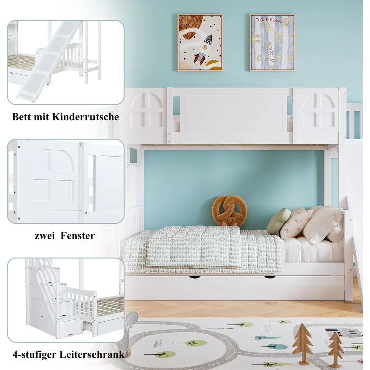 Merax 90x200cm Etagenbett, Kinderbett Mit Fenster, Mit Kinderrutsche, Schubladen mit Rollen, Treppen mit Handlauf, Mit 4 Schließfächer in der Treppe, Weiß – Bild 7