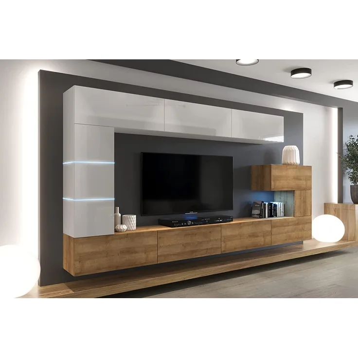Furnitech AN89 New Modernes Wohnzimmer Wohnwand Wohnschrank Schrankwand Mediawand Möbel (LED weiß, AN89NEW-21WDZ-HGM22)