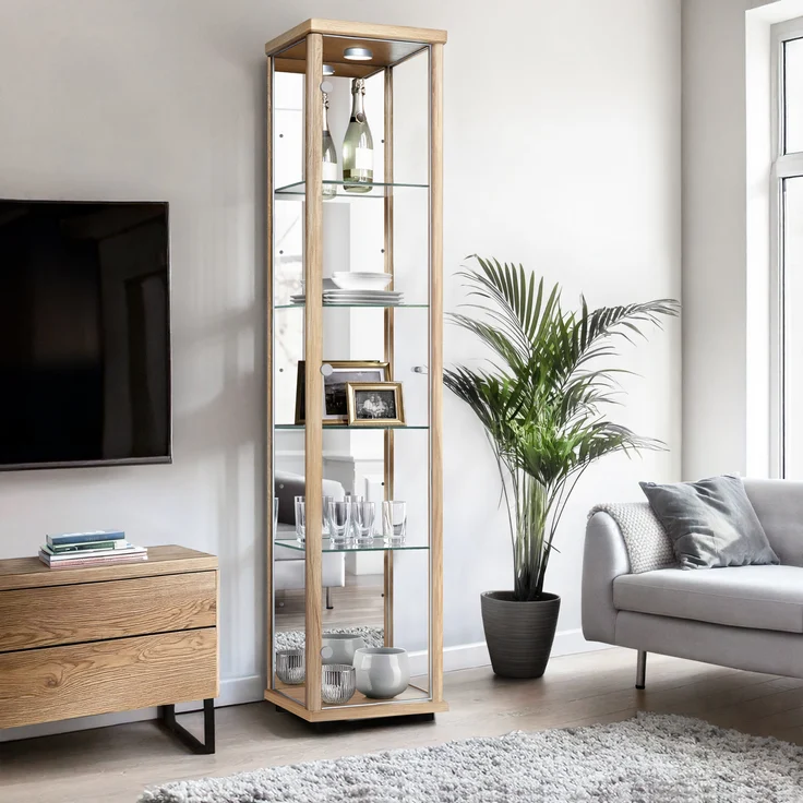K-Mbel Standvitrine (176x37x33cm) - Made in Germany - Vitrinenschrank Buche mit 4 hhenverstellbaren Glasbden, Spiegel & LED - Glasvitrine Stehend - Vitrine Glas - Display Cabinet – Bild 1