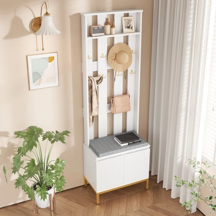 Garderobenbank , weißes Design, vertikal perforiertes Rückwandpaneel, 8 goldene Doppelhaken, gepolsterte Sitzbank, Wellenfront-Schuhschrank, höhenverstellbares Einlagebrett, integrierte LED-Lichtleis--Weiß--60x35.5x191.5cm--YOUDENOVA – Bild 10