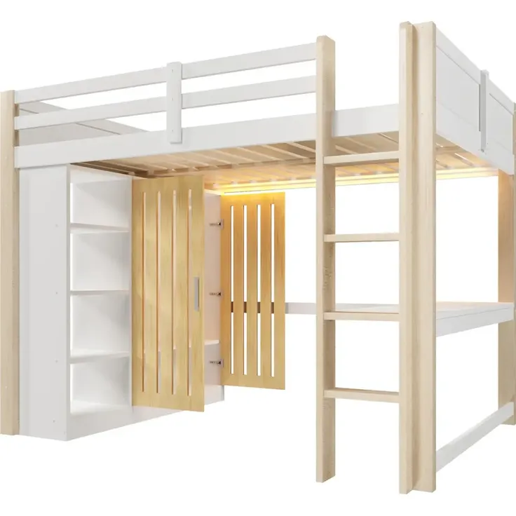 Hochbett mit RGB LED-Streifen, Schreibtisch, Lattenrost, Kleiderschrank, Trittleiter, Regal und Rausfallschutz, 140x200 cm, Kinderbett, Kiefer – Bild 6