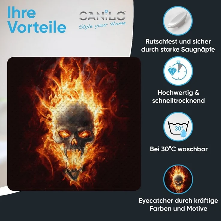 Sanilo Duschmatte, mit Motiv, rutschfest, waschbar, quadratisch, 230 extra starke Saugnäpfe, Kunststoff PVC, 53 x 53 cm, Totenkopf in Flammen