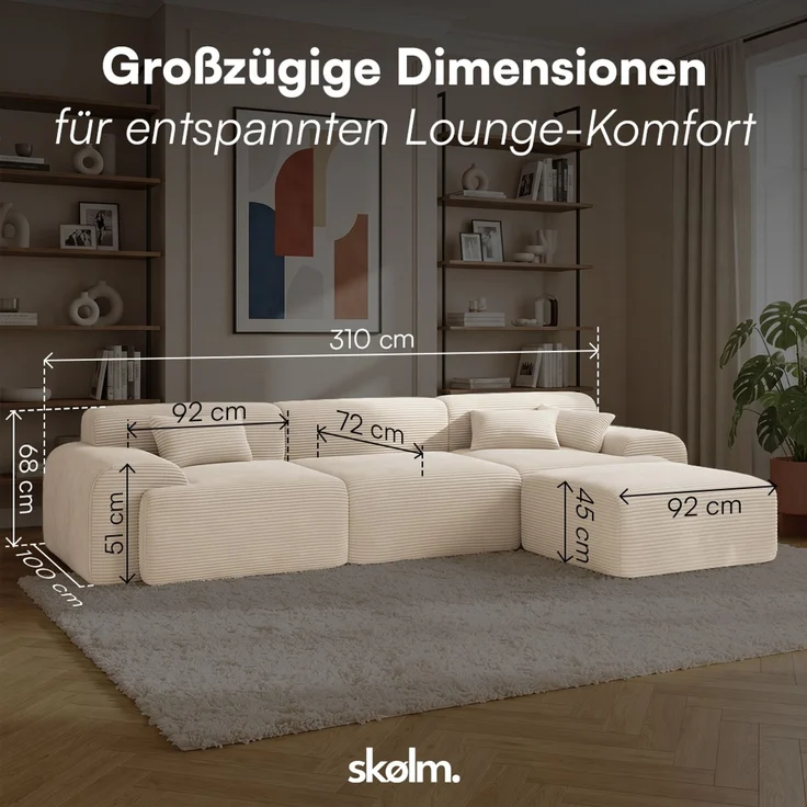 skølm 'Menja' Sofa 3-tlg mit Hocker, 3er Sitz mit 3 Kissen, Cord beige, Vollschaumcouch mit Federkern und Vakuum-Kompression, kein Aufbau erforderlich – Bild 8