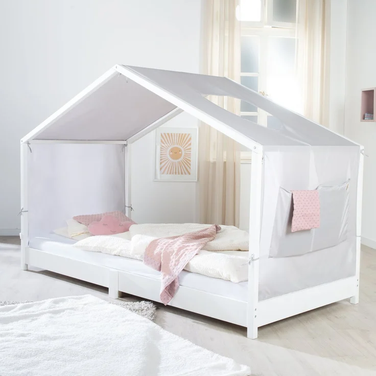 roba Bezug für Montessori Hausbetten 90 x 200 cm - Passendes Zubehör zum Umbau in Himmelbett - Inkl. 3 Aufbewahrungstaschen & Dachfenster - Hellgrau – Bild 2