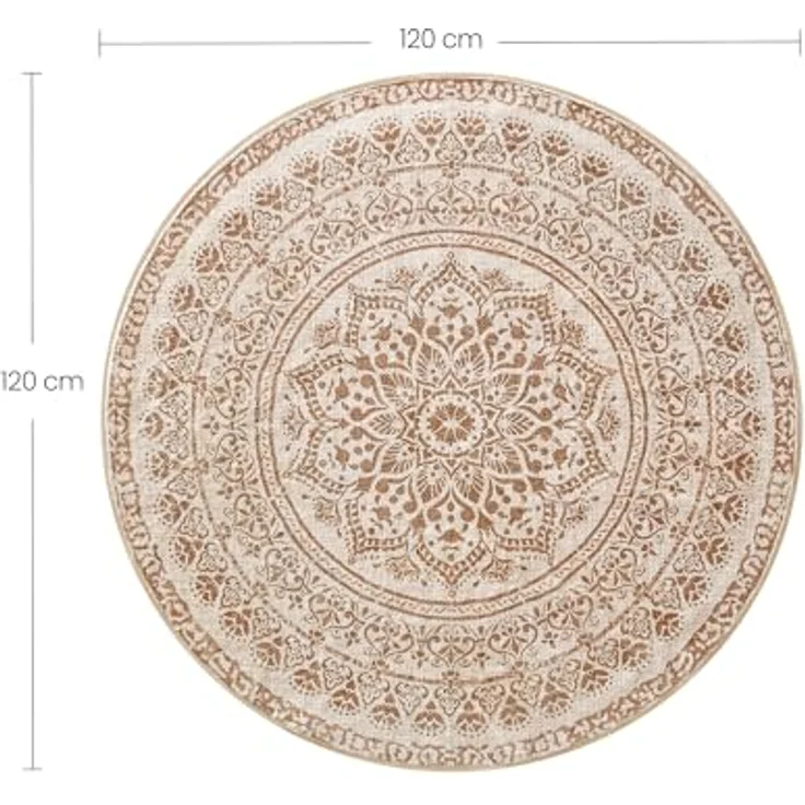 SONGMICS Teppich rund, Outdoor Teppich, Boho, 120 cm d, waschbar, rutschfest, Floral Vintage, für Wohnzimmer, Esszimmer, Schlafzimmer, Optik, Garten, Terrasse, Balkon,cappuccinobeige TAR051K01 – Bild 2