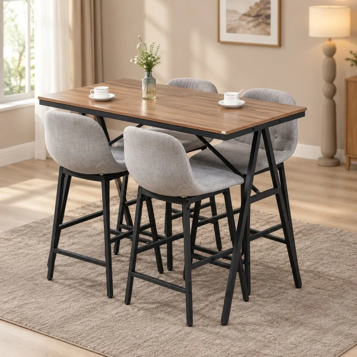 Bartisch-Set 120x60x91 cm mit 4 gepolsterten Barhockern – Stahlgestell, hellbraun – Bild 2