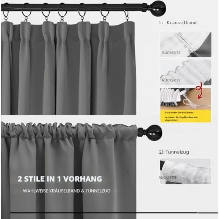 Deconovo Gardinen mit Kräuselband Verdunkelnd Blickdicht Vorhänge Hellgrau | 2er Set, H 210 x B 140 cm, Thermogardine, Schlafzimmer Gardinen, Schlafzimmer Vorhänge, für Thermal Curtains, Übergardinen – Bild 5