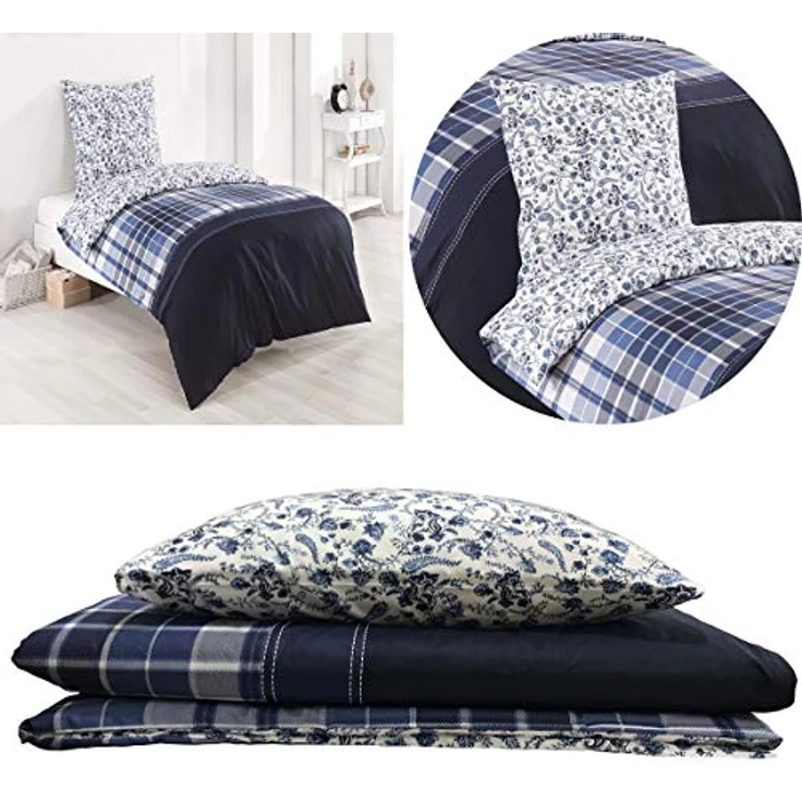Buymax Bettwäsche Wende-Bettwäsche, Pablo, Renforce: 100% Baumwolle, 3 teilig, 200x200 cm, Bettbezug-Set, mit Reißverschluss, Blumen, Karo, Weiß Blau – Bild 3