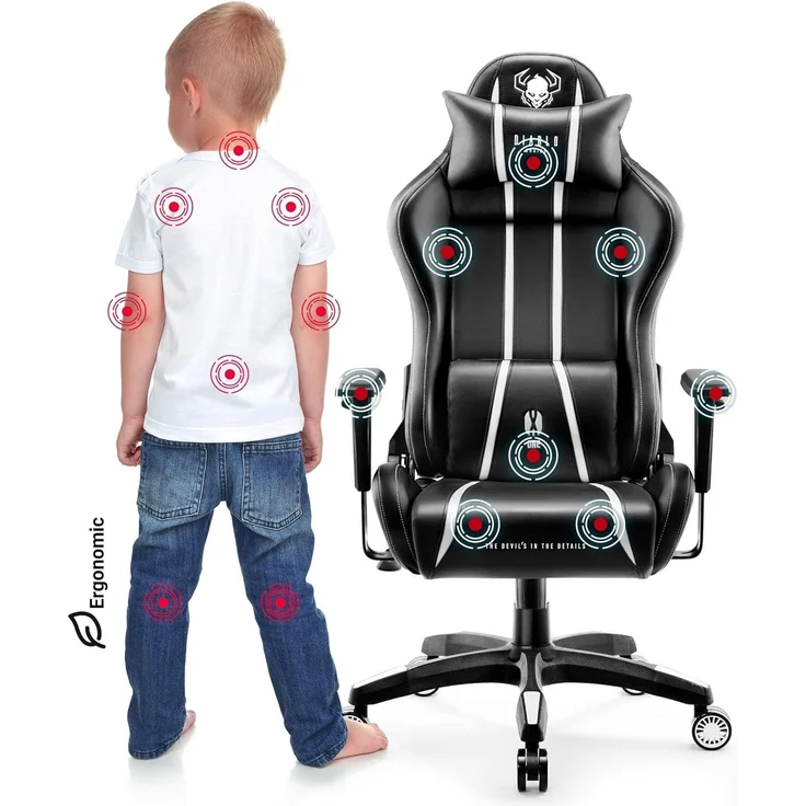 Diablo X-One 2.0 Gaming Stuhl für Kinder Gamer Chair Bürostuhl Schreibtischstuhl Verstellbare Armlehnen Ergonomisches Design Nacken/-Lendenkissen Wippfunktion Schwarz-Weiß Kids (S) – Bild 8