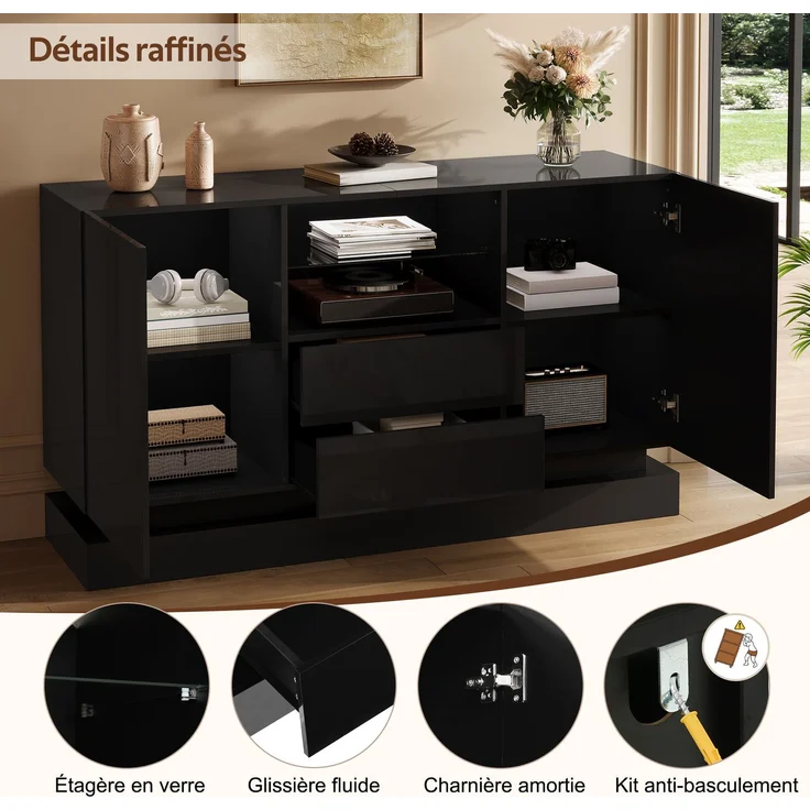 ZUBALIYA Sideboard 140x40x80 cm, mit LED-Beleuchtung, Hochglanz, mit 2 Türen, aus Spanplatte, Schwarz – Bild 17