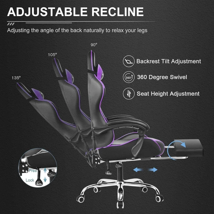 GTPLAYER Bürostuhl Gaming Stuhl Massage Gaming Sessel Ergonomischer Gamer Stuhl mit Fußstütze, Gepolstert Gaming Chair, Drehsessel 150KG, lila – Bild 3