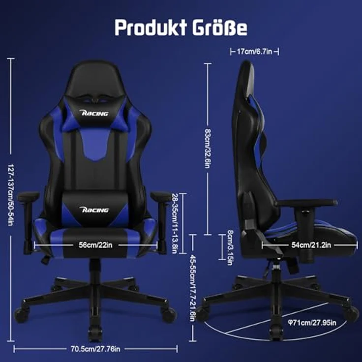 Homimaster Gaming Stuhl, Bürostuhl Ergonomisch mit verstellbare Lendenkissen, Kopfkissen und Armlehnen, Gaming Chair Gepolstert, Gamer Stuhl Wippfunktion, Gaming Stuhl 150 kg Belastbarkeit – Bild 3