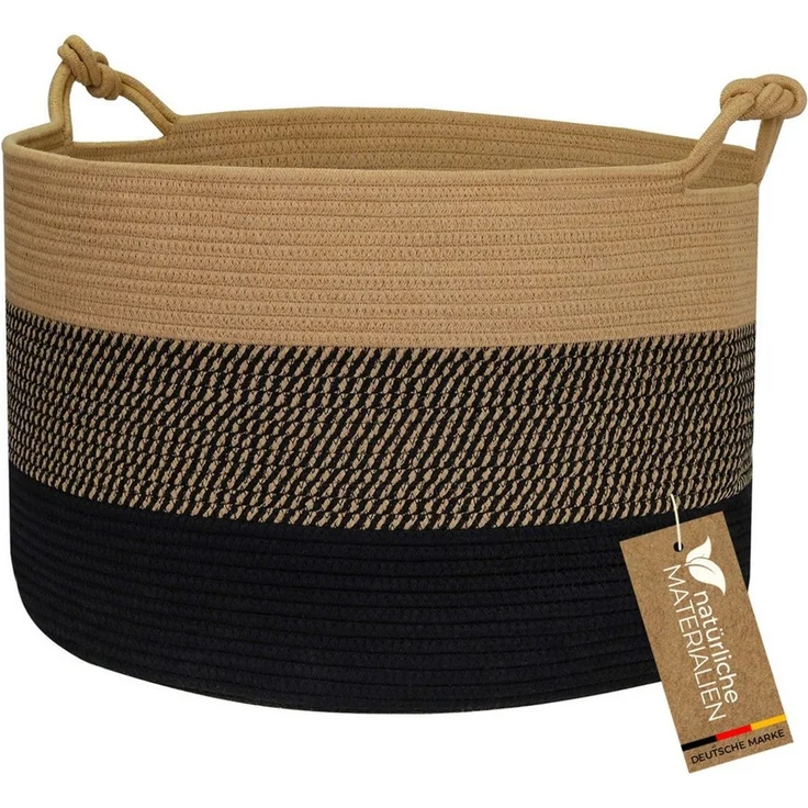 HMF Aufbewahrungskorb Aufbewahrungskorb mit Glücksknoten-Griffen, großer Korb aus Baumwolle, 50x33 cm, Schwarz-Honig – Bild 1