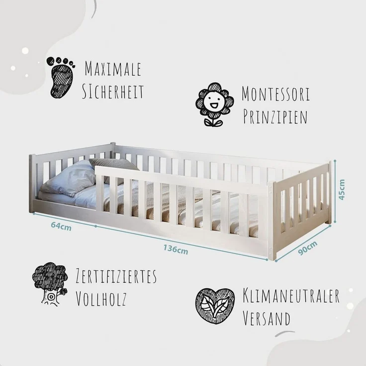 Kinderbett Bodenbett 90x200 cm Bett mit Rausfallschutz & Lattenrost Montessori Bett Bed Gitterbett Kinder Jugendbett Einzelbett | weiß Kiefer Holz massiv Junge Mädchen – Bild 3