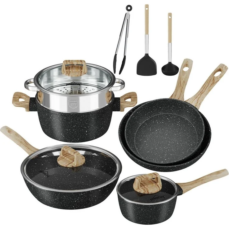 HOMELUX Topf-Set Kochgeschirr-Set, 12tlg Induktions Töpfe Set, Antihaftbeschichtung, Aluminium, Edelstahl (Pfanne 24/28cm, Tiefe Bratpfanne 28cm, Topf mit Dampfgarer 24cm, Milchtopf 16cm), Induktion – Bild 1