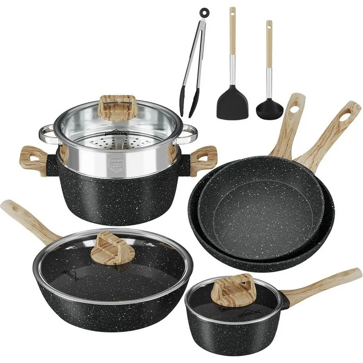 HOMELUX Topf-Set Kochgeschirr-Set, 12tlg Induktions Töpfe Set, Antihaftbeschichtung, Aluminium, Edelstahl (Pfanne 24/28cm, Tiefe Bratpfanne 28cm, Topf mit Dampfgarer 24cm, Milchtopf 16cm), Induktion