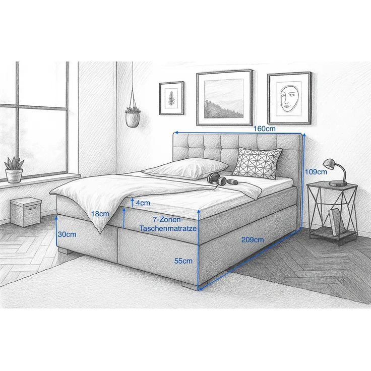 Boxspringbett TOM 160x200 cm mit Matratze und gepolstertem Kopfteil. Farbe Schwarz – Bild 5