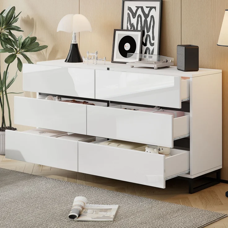 Sideboard 140 x 39,5 x 78,5 cm Weiß mit 6 Schubladen, Hochglanzfront, Metallfüße, großer Stauraum, symmetrisches Design – Bild 4