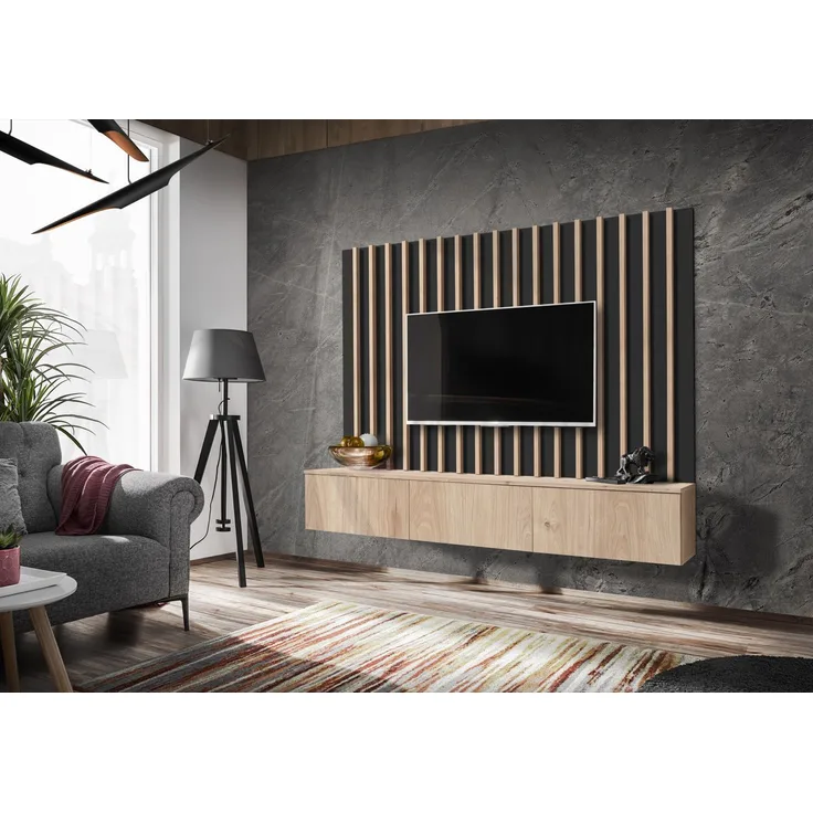 Wohnwand Verti 2 mit Beleuchtung in Hickory Jackson mit Lamellenplatte 180 x 148 x 35 cm 2-teilig