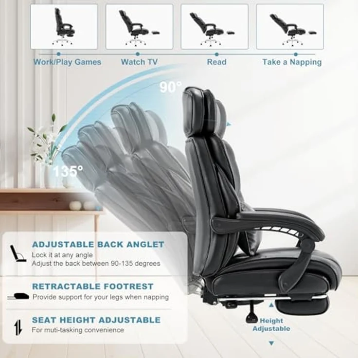 COLAMY Office Chair with Footrest-Ergonomic High Back Design Executive Computer Desk Chair with Removable Lumbar Pillow, 90-135°Reclining, Thick Bonded Leather for Home Office Work Comfort, Black – Bild 6