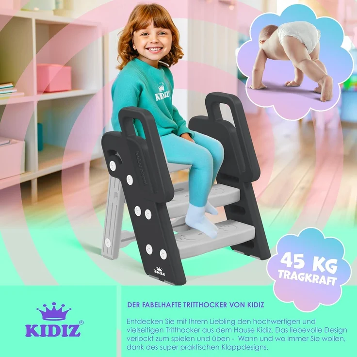 KIDIZ® Tritthocker für Kinder Trittleiter Klappbar mit 3 Stufen | Faltbarer Lern-Turm ab 18 Monaten bis 6 Jahren | Robust | Sicherer & Stabiler Trittschemel | Höhenverstellbar Rutschfest Anthrazit / Grau – Bild 3