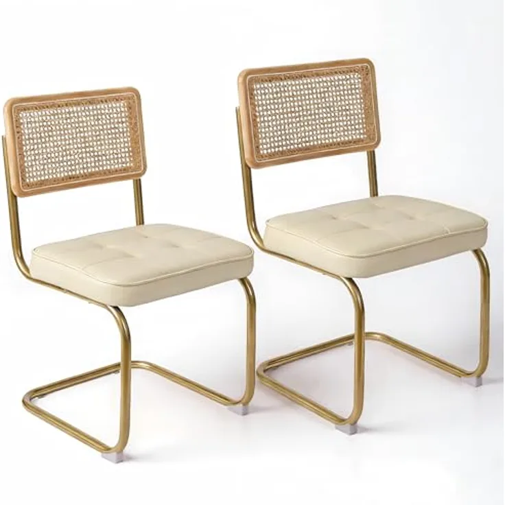 CangLong Natural Rattan Dining Chairs Set of 2, Upholstered Faux Leather Kitchen Chairs, Modern Dining Room Chairs with Solid Wood Back & Sturdy Metal Legs for Living Room, Restaurant, Beige