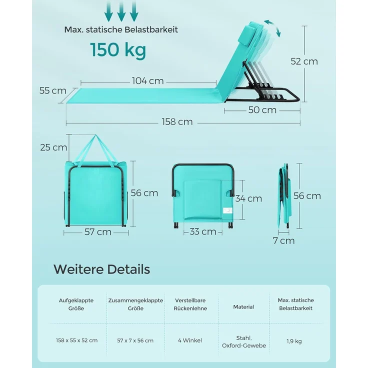 Songmics Strandstuhl, Campingstuhl, Sonnenliege, Strandliege, klappbar, verstellbare Rückenlehne, leicht tragbar mit Griff, für Camping, Garten, Pool, 158x55 cm, seeblau GCB151C01 – Bild 2