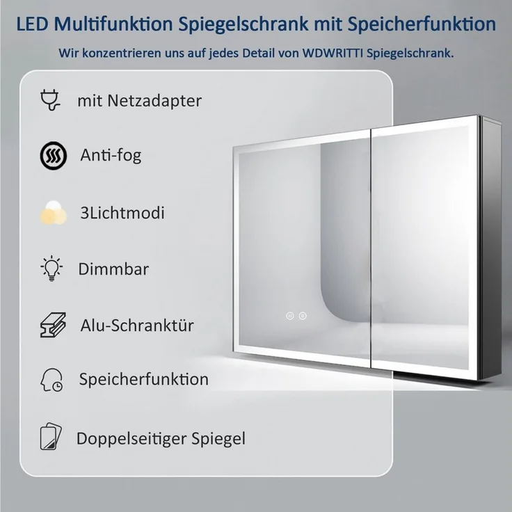WDWRITTI Spiegelschrank Bad mit Beleuchtung 80 x 60 cm Badezimmerspiegelschrank LED 2 türen (Schrank Schwarz matt, Anti-fog, 3Lichtmodi, Dimmbar, Speicherfunktion, Doppelseitiger Spiegel, Verstellbare Glasböden) Metall Schrank, mit Netzadapter