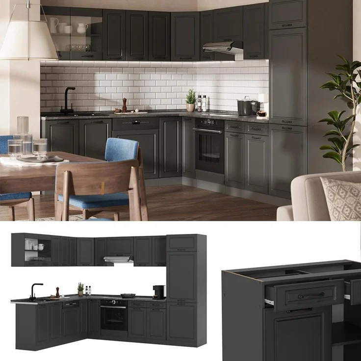 Eckküche R-Line Anthrazit Landhaus/Anthrazit 287 x 227 cm ohne Arbeitsplatte Vicco – Bild 4